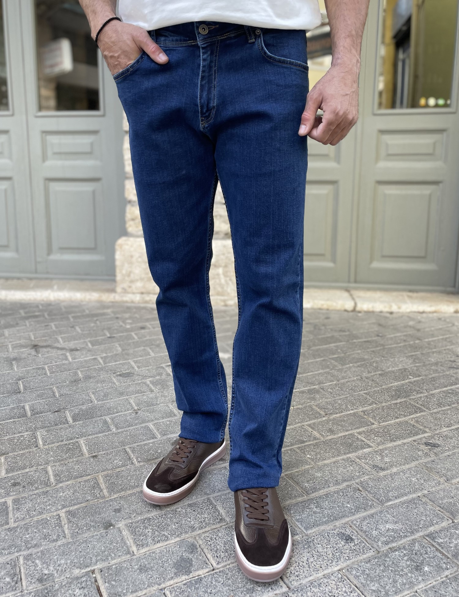 Ανδρικό μπλε πλυμένο τζιν ελαστικό σε ίσια γραμμή με φερμουάρ Plus Size LC17504